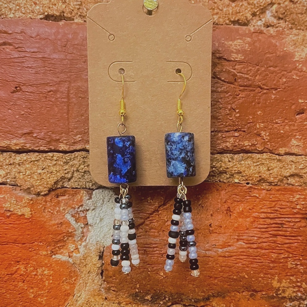 Elegant Blue and Black Beaded Earrings